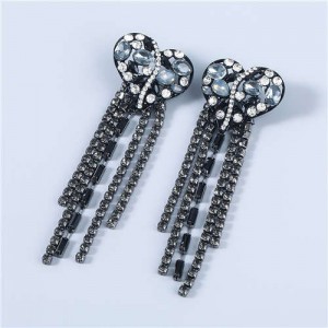 Heart Shape Wholesale Jewelry Colorful Rhinestone Inlaid Long Tassel Bohemian Style Women Fashion Earrings - Black