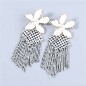 Bohemian Floral Artificial Pearl Inlaid Classic Design Long Tassel Oil-spot Glazed Wholesale Women Earrings - White