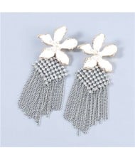Bohemian Floral Artificial Pearl Inlaid Classic Design Long Tassel Oil-spot Glazed Wholesale Women Earrings - White