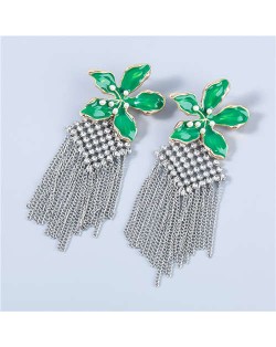 Bohemian Floral Artificial Pearl Inlaid Classic Design Long Tassel Oil-spot Glazed Wholesale Women Tassel Earrings - Green