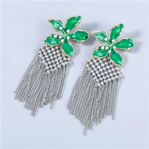 Bohemian Floral Artificial Pearl Inlaid Classic Design Long Tassel Oil-spot Glazed Wholesale Women Earrings - Green