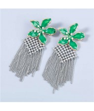 Bohemian Floral Artificial Pearl Inlaid Classic Design Long Tassel Oil-spot Glazed Wholesale Women Earrings - Green
