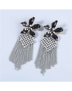 Bohemian Floral Artificial Pearl Inlaid Classic Design Long Tassel Oil-spot Glazed Wholesale Women Tassel Earrings - Black