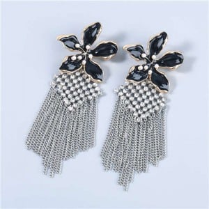 Bohemian Floral Artificial Pearl Inlaid Classic Design Long Tassel Oil-spot Glazed Wholesale Women Earrings - Black