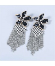 Bohemian Floral Artificial Pearl Inlaid Classic Design Long Tassel Oil-spot Glazed Wholesale Women Tassel Earrings - Black