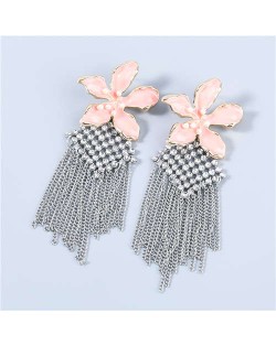 Bohemian Floral Artificial Pearl Inlaid Classic Design Long Tassel Oil-spot Glazed Wholesale Women Tassel Earrings - Pink