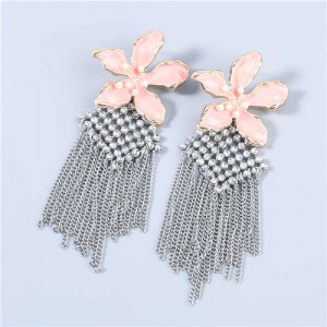Bohemian Floral Artificial Pearl Inlaid Classic Design Long Tassel Oil-spot Glazed Wholesale Women Earrings - Pink