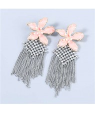 Bohemian Floral Artificial Pearl Inlaid Classic Design Long Tassel Oil-spot Glazed Wholesale Women Earrings - Pink