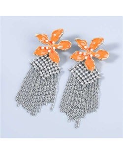 Bohemian Floral Artificial Pearl Inlaid Classic Design Long Tassel Oil-spot Glazed Wholesale Women Tassel Earrings - Orange