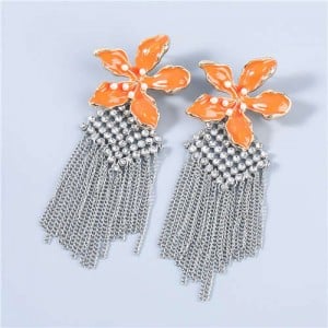 Bohemian Floral Artificial Pearl Inlaid Classic Design Long Tassel Oil-spot Glazed Wholesale Women Earrings - Orange