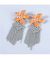 Bohemian Floral Artificial Pearl Inlaid Classic Design Long Tassel Oil-spot Glazed Wholesale Women Earrings - Orange