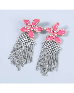 Bohemian Floral Artificial Pearl Inlaid Classic Design Long Tassel Oil-spot Glazed Wholesale Women Tassel Earrings - Rose