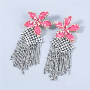 Bohemian Floral Artificial Pearl Inlaid Classic Design Long Tassel Oil-spot Glazed Wholesale Women Earrings - Rose