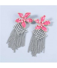 Bohemian Floral Artificial Pearl Inlaid Classic Design Long Tassel Oil-spot Glazed Wholesale Women Tassel Earrings - Rose