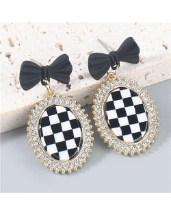 Bow-knot Decorated Black and White Checkered Shining Rhinestone Rimmed Oval Women Wholesale Earrings