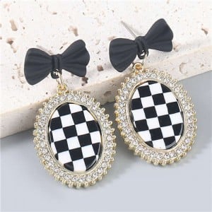 Bow-knot Decorated Black and White Checkered Shining Rhinestone Rimmed Oval Women Wholesale Earrings