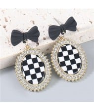 Bow-knot Decorated Black and White Checkered Shining Rhinestone Rimmed Oval Women Wholesale Earrings