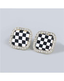 Minimalist Fashion Checkered Wholesale Jewelry Rhinestone Rimmed Vintage Women Ear Studs - Square