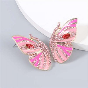 Korean Fashion Butterfly Wholesale Jewelry Rhinestone Inlaid Oil-spot Glazed Women Ear Studs - Pink