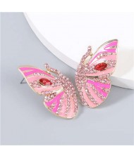 Korean Fashion Butterfly Wholesale Jewelry Rhinestone Inlaid Oil-spot Glazed Women Ear Studs - Pink