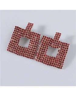 U.S Fashion Square Shape Hollow-out Glistening Rhinestone Inlaid Luxurious Women Wholesale Earrings - Red