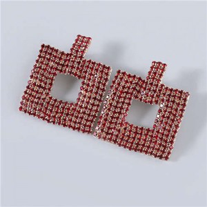 U.S Fashion Square Shape Hollow-out Glistening Rhinestone Inlaid Luxurious Women Wholesale Earrings - Red