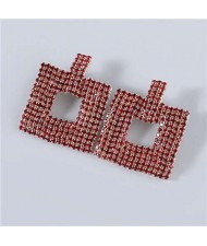 U.S Fashion Square Shape Hollow-out Glistening Rhinestone Inlaid Luxurious Women Wholesale Earrings - Red