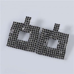 U.S Fashion Square Shape Hollow-out Glistening Rhinestone Inlaid Luxurious Women Wholesale Earrings - Black