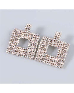 U.S Fashion Square Shape Hollow-out Glistening Rhinestone Inlaid Luxurious Women Wholesale Earrings - Luminous White