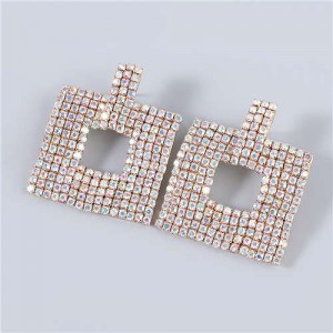 U.S Fashion Square Shape Hollow-out Glistening Rhinestone Inlaid Luxurious Women Wholesale Earrings - Luminous White