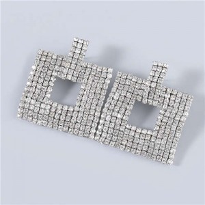 U.S Fashion Square Shape Hollow-out Glistening Rhinestone Inlaid Luxurious Women Wholesale Earrings - Silver