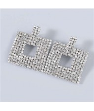 U.S Fashion Square Shape Hollow-out Glistening Rhinestone Inlaid Luxurious Women Wholesale Earrings - Silver