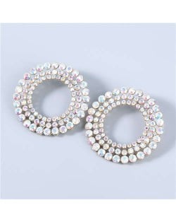Super Shining Round Hollow-out Triple Layers Rhinestone Luxurious Women Hoop Earrings - Luminous