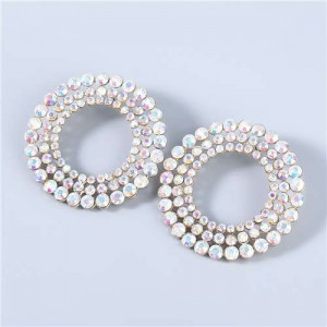 Super Shining Round Hollow-out Triple Layers Rhinestone Luxurious Women Hoop Earrings - Golden