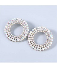 Super Shining Round Hollow-out Triple Layers Rhinestone Luxurious Women Hoop Earrings - Golden