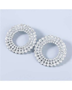 Super Shining Round Hollow-out Triple Layers Rhinestone Luxurious Women Hoop Earrings - White