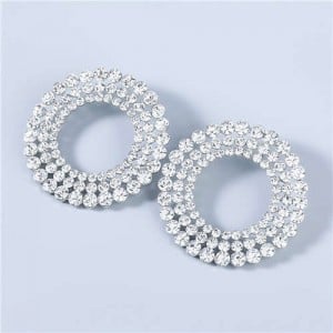 Super Shining Round Hollow-out Triple Layers Rhinestone Luxurious Women Hoop Earrings - Silver