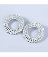 Super Shining Round Hollow-out Triple Layers Rhinestone Luxurious Women Hoop Earrings - Silver