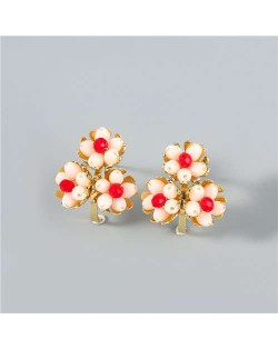 U.S Fashion Wholesale Jewelry Fan-shaped Floral Design Women Alloy Earrings - Red