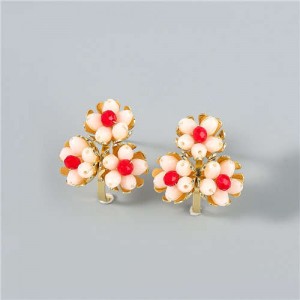 U.S. Fashion Wholesale Jewelry Fan-shaped Floral Design Women Alloy Earrings - Red