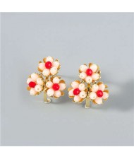 U.S. Fashion Wholesale Jewelry Fan-shaped Floral Design Women Alloy Earrings - Red