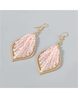 Vintage Leaf-shape Pink Beads Inlaid Party Wholesale Jewelry Vintage Elegant Women Fish Hook Earrings