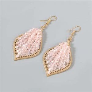 Vintage Leaf-shape Pink Beads Inlaid Party Wholesale Jewelry Vintage Elegant Women Fish Hook Earrings