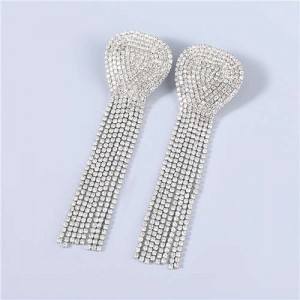 U.S Fashion Geometric Shape Wholesale Jewelry Rhinestone Tassel Design Surper Shining Women Luxurious Earrings - Silver