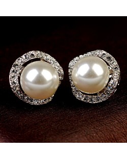 Elegant Rhinestone Surrounded Pearl Ear Studs - Platinum