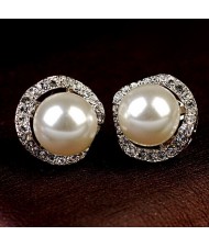 Elegant Rhinestone Surrounded Pearl Ear Studs - Platinum