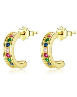 Mini Crescent Colorful Cubic Zirconia Inlaid Wholesale 925 Sterling Silver Earrings - Golden