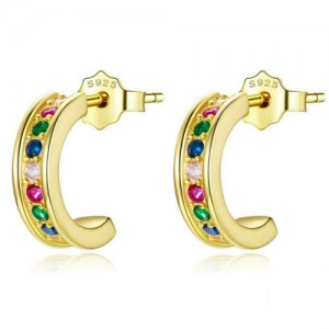 Mini Crescent Colorful Cubic Zirconia Inlaid Wholesale 925 Sterling Silver Earrings - Golden