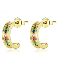 Mini Crescent Colorful Cubic Zirconia Inlaid Wholesale 925 Sterling Silver Earrings - Golden