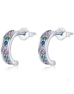 Mini Crescent Colorful Cubic Zirconia Inlaid Wholesale 925 Sterling Silver Earrings - Silver